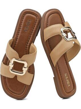 Women's Khaki Square Toe Flat Sandals Slides Dressy Comfortable for Beach